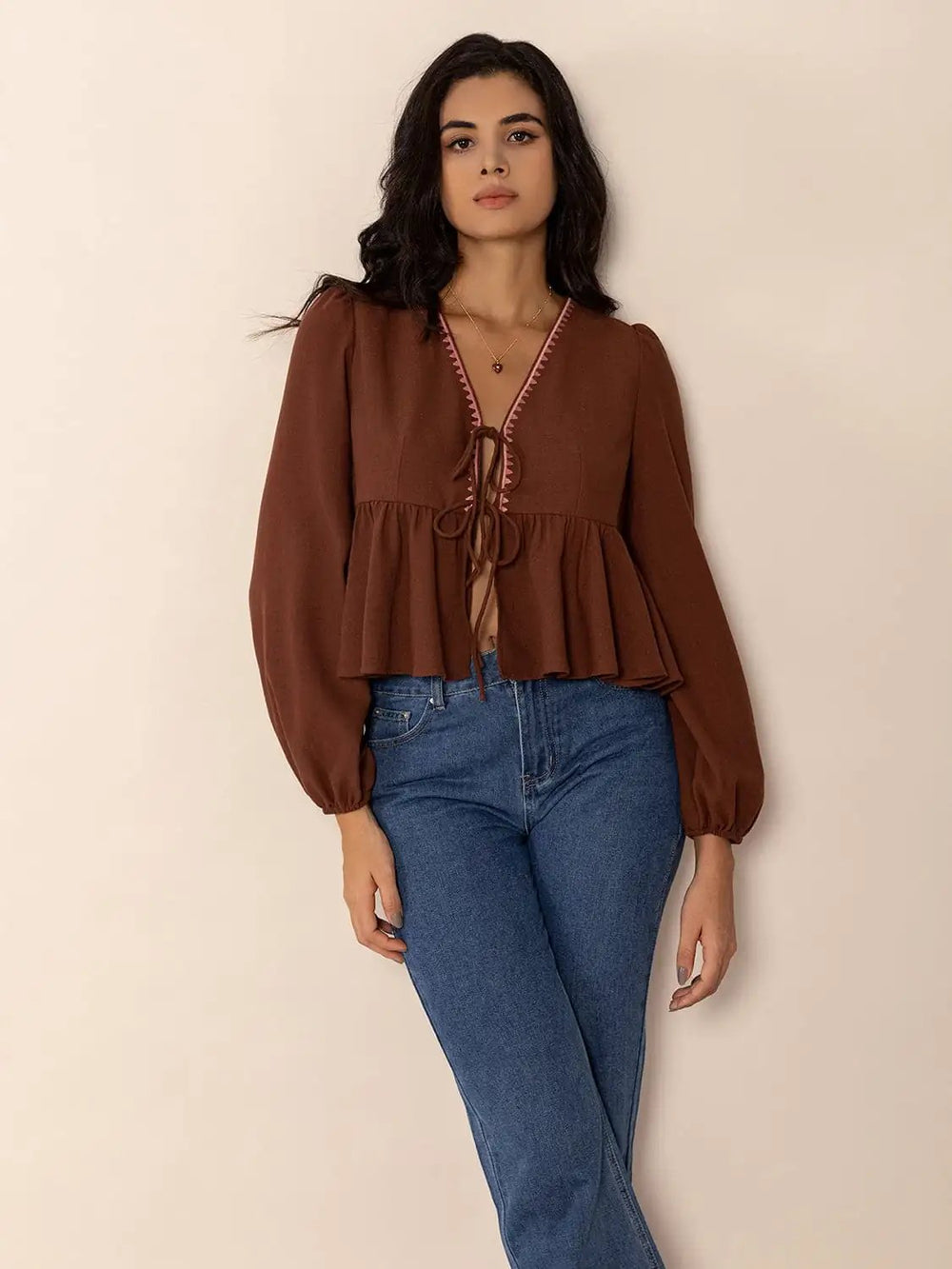 Peplum Tied V-Neck Long Sleeve Blouse - Trendsi