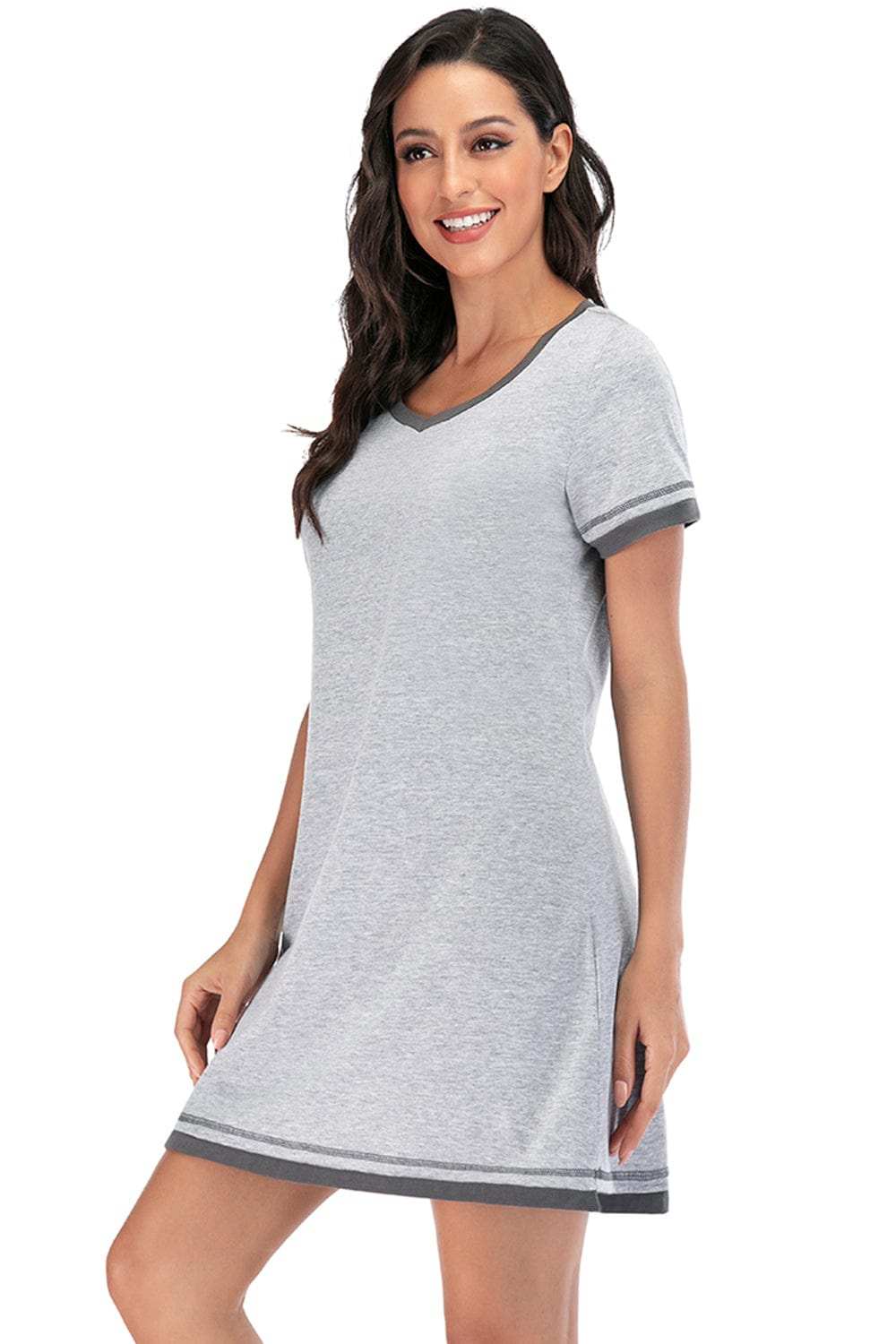 Contrast Trim Short Sleeve Lounge Dress - Trendsi - Flyclothing LLC