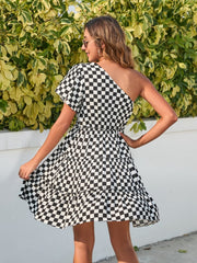 Checkered Single Shoulder Mini Dress - Trendsi
