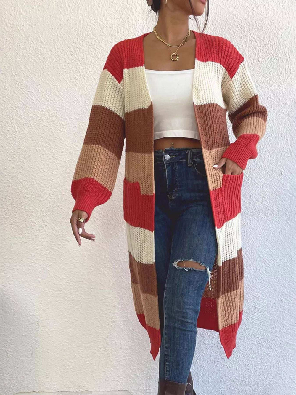 Striped Color Block Open Front Knit Cardigan - Trendsi - Flyclothing LLC