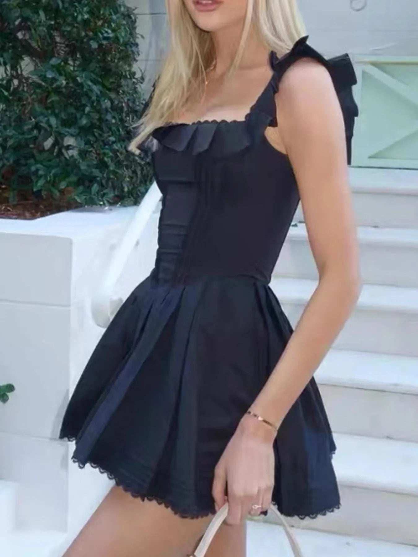 Square Neck Pleated Mini Dress - Trendsi - Flyclothing LLC