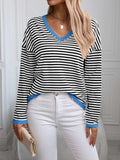 Contrast Trim Striped V-Neck Long Sleeve Knit Top - Trendsi - Flyclothing LLC