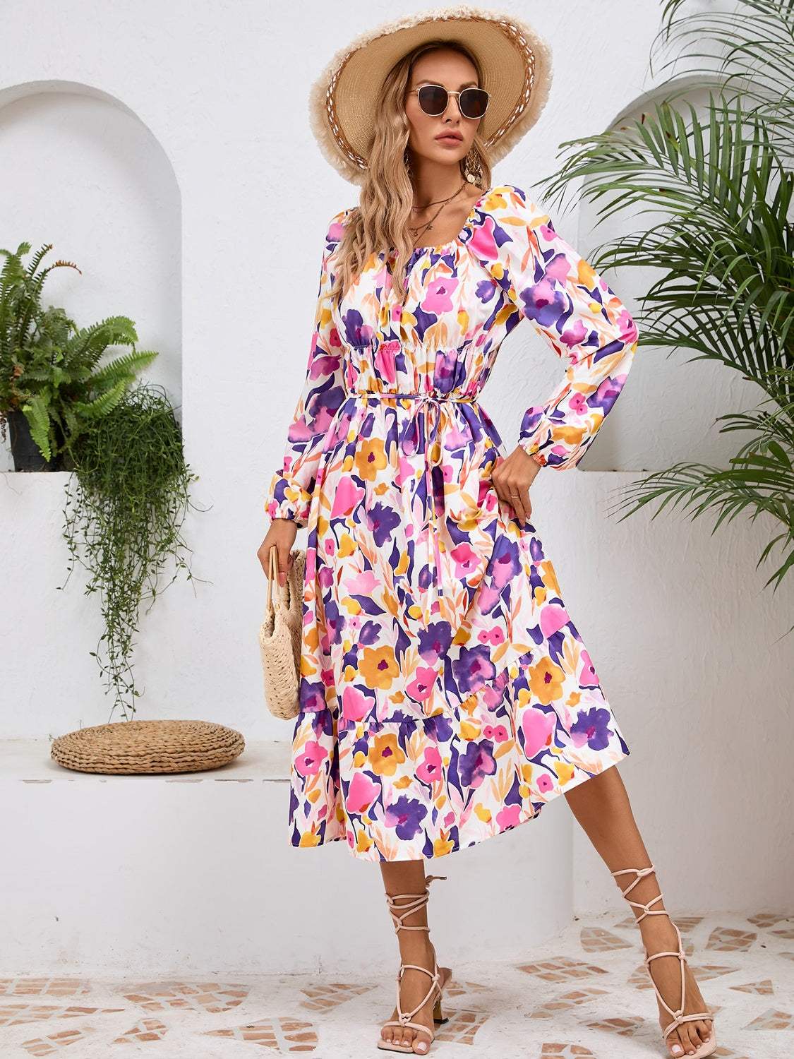 Printed Long Sleeve Midi Dress - Trendsi - Flyclothing LLC