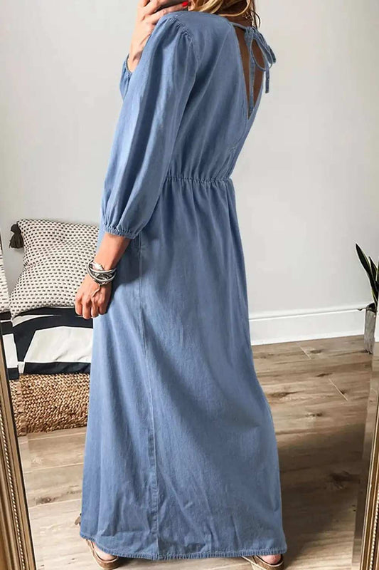 Tied Plunge Three-Quarter Sleeve Denim Dress - Trendsi - Flyclothing LLC