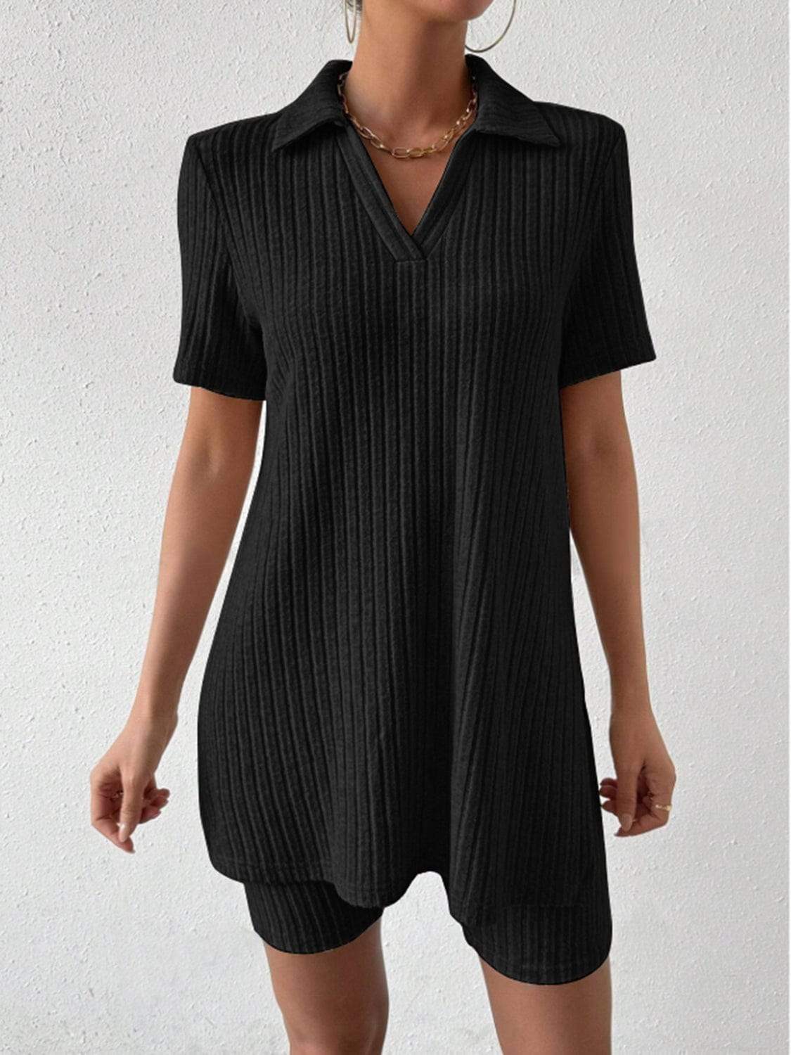 Johnny Collar Short Sleeve Top and Shorts Set - Trendsi - Flyclothing LLC