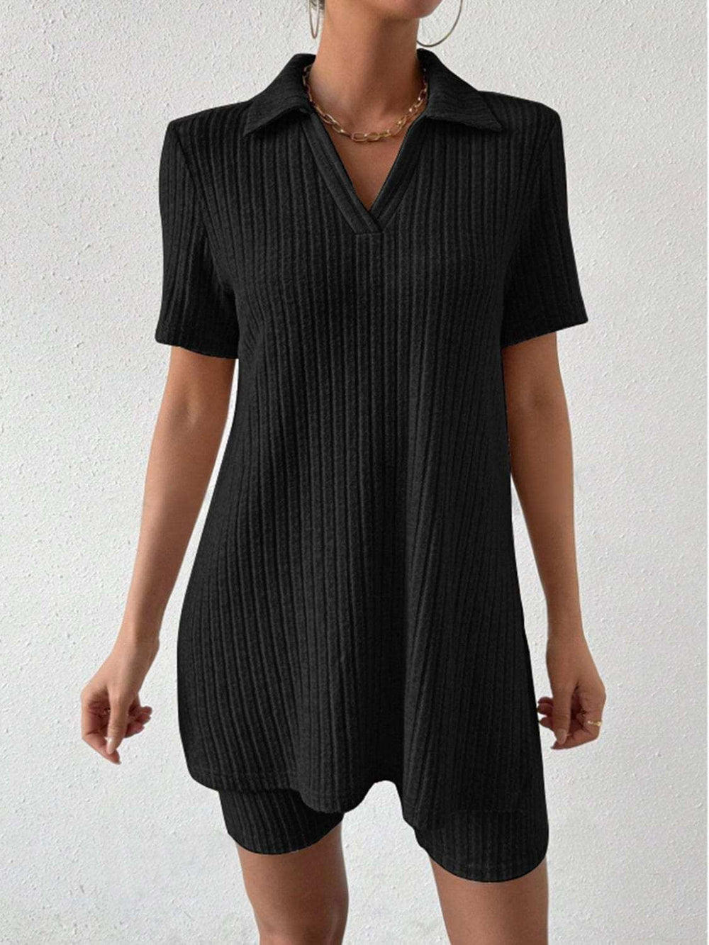 Johnny Collar Short Sleeve Top and Shorts Set - Trendsi - Flyclothing LLC