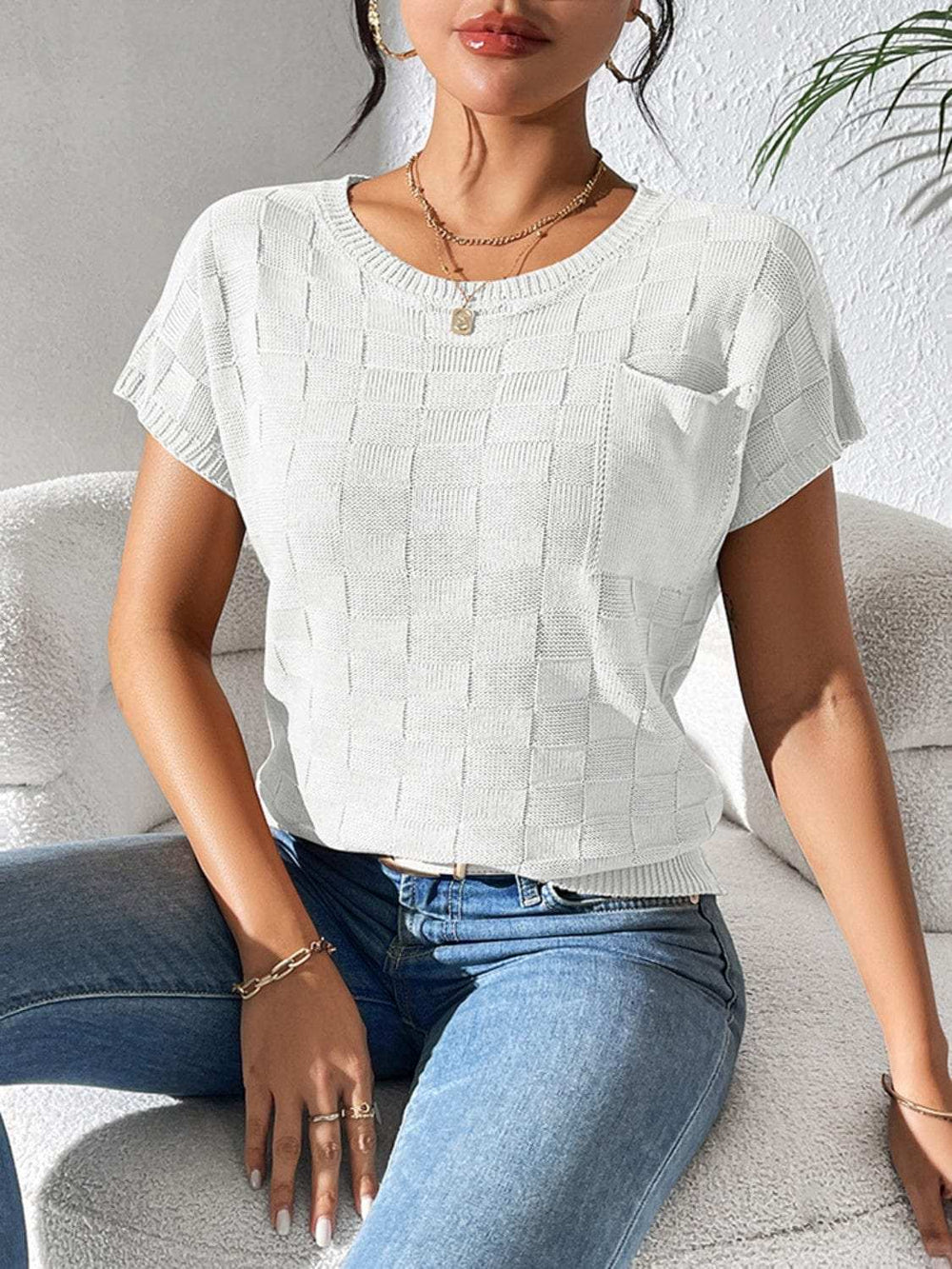 Round Neck Short Sleeve Knit Top - Trendsi - Flyclothing LLC