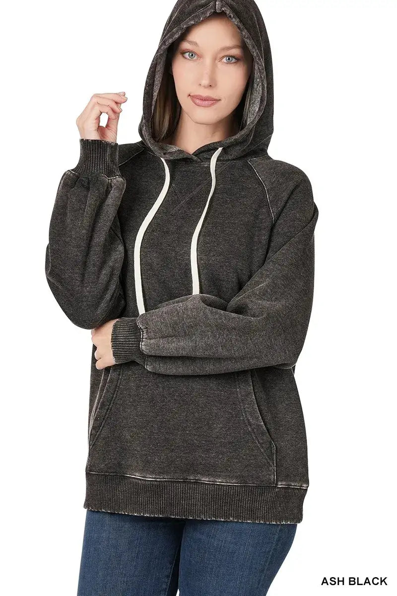 Zenana Acid Wash Fleece Hoodie with Drawstring - Trendsi - Flyclothing LLC