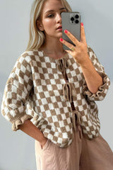 Double Take Tied Checkered Dropped Shoulder Flounce Sleeve Cardigan - Trendsi - Flyclothing LLC