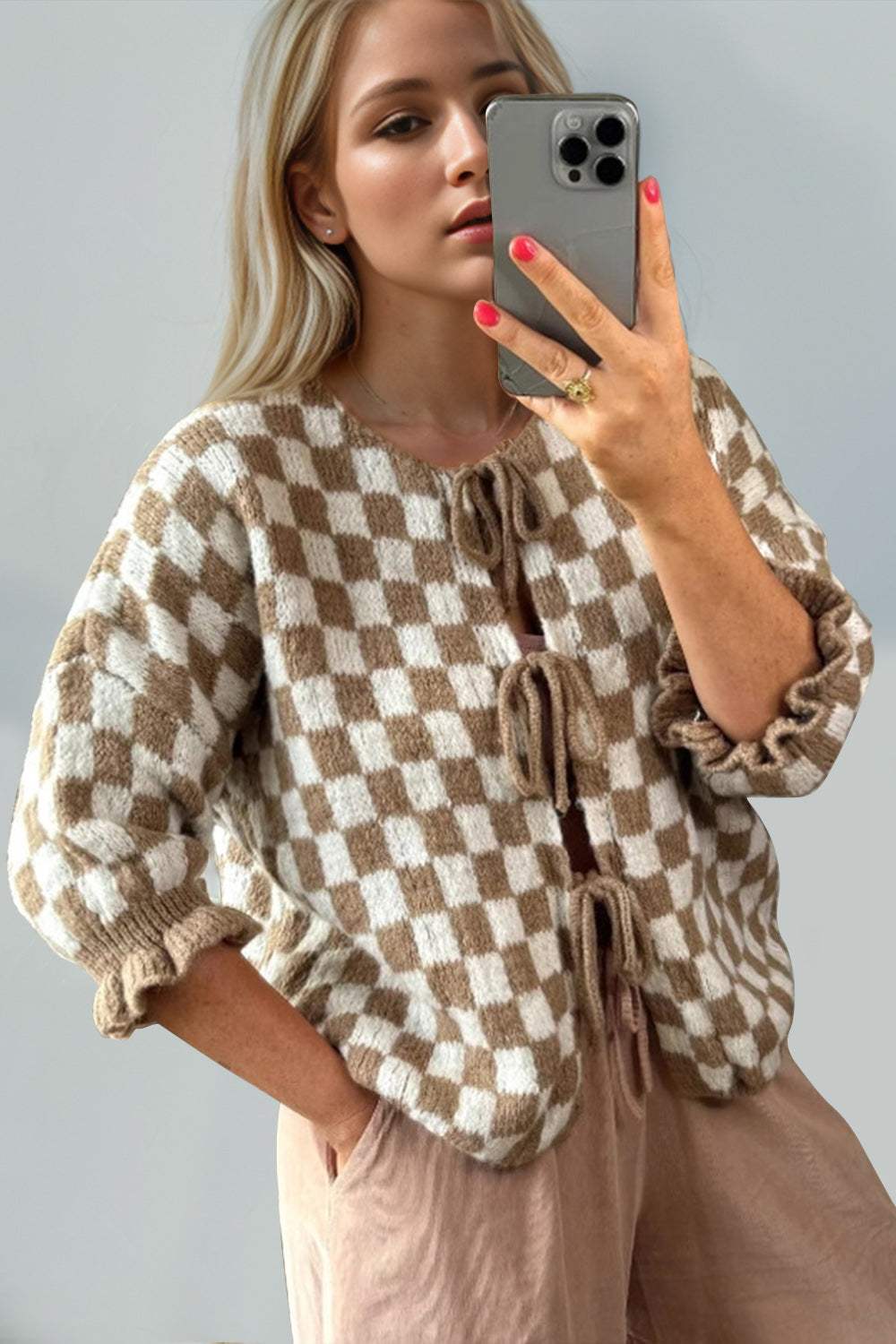 Double Take Tied Checkered Dropped Shoulder Flounce Sleeve Cardigan - Trendsi - Flyclothing LLC