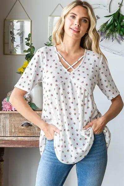 Heimish Full Size Crisscross Ditsy Floral Babydoll Top Plus Size - Trendsi - Flyclothing LLC