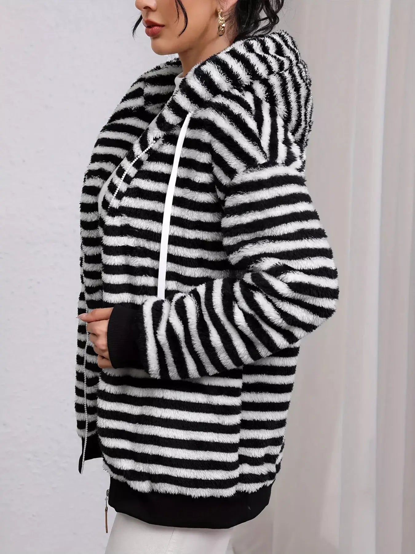 Striped Plush Zip-Up Hooded Outerwear - Trendsi - Flyclothing LLC