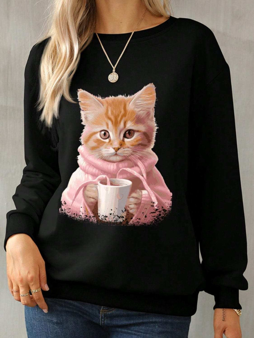 Cat Round Neck Long Sleeve Sweatshirt - Trendsi - Flyclothing LLC