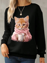 Cat Round Neck Long Sleeve Sweatshirt - Trendsi