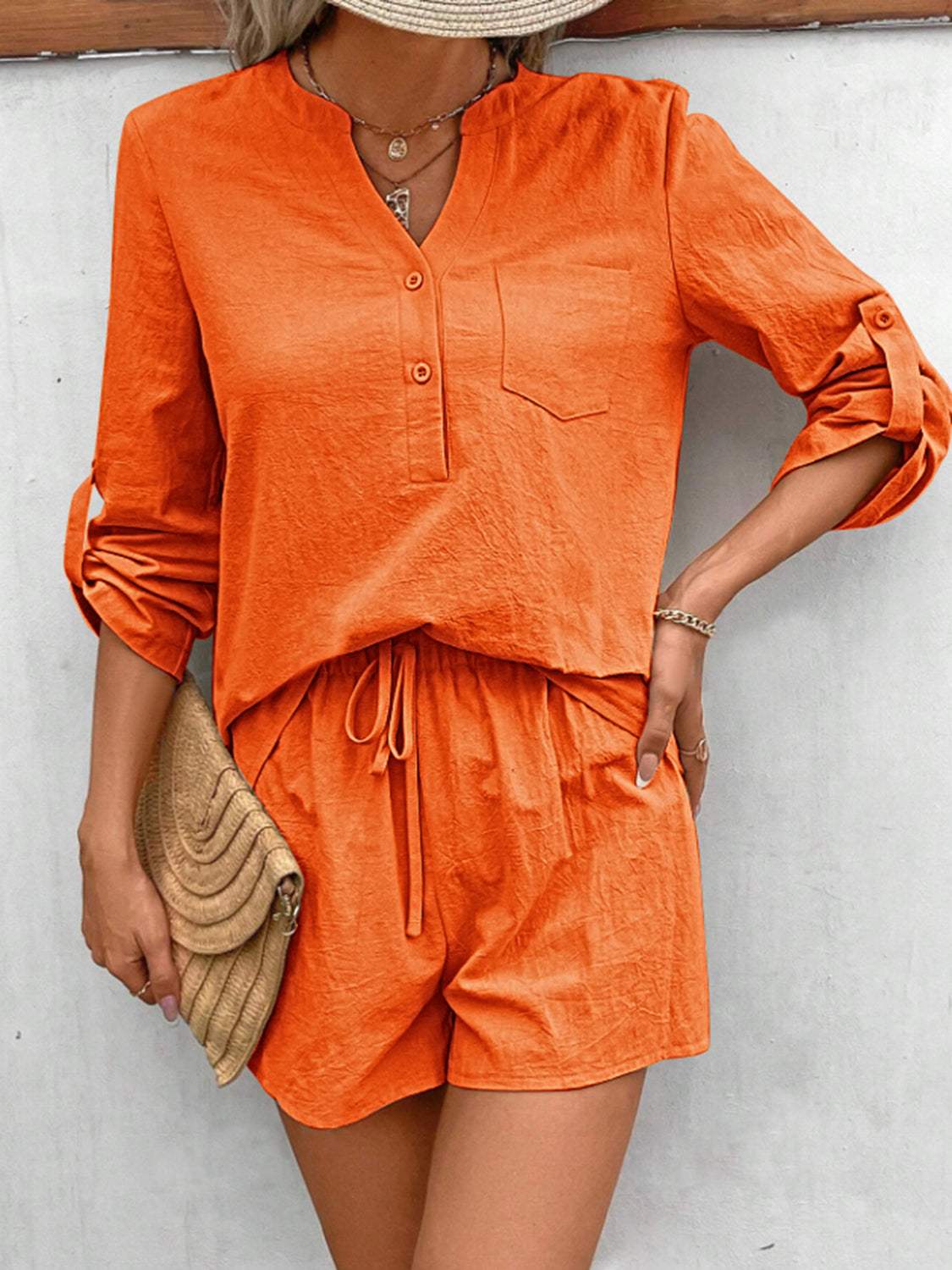 Notched Long Sleeve Top and Shorts Set - Trendsi - Flyclothing LLC
