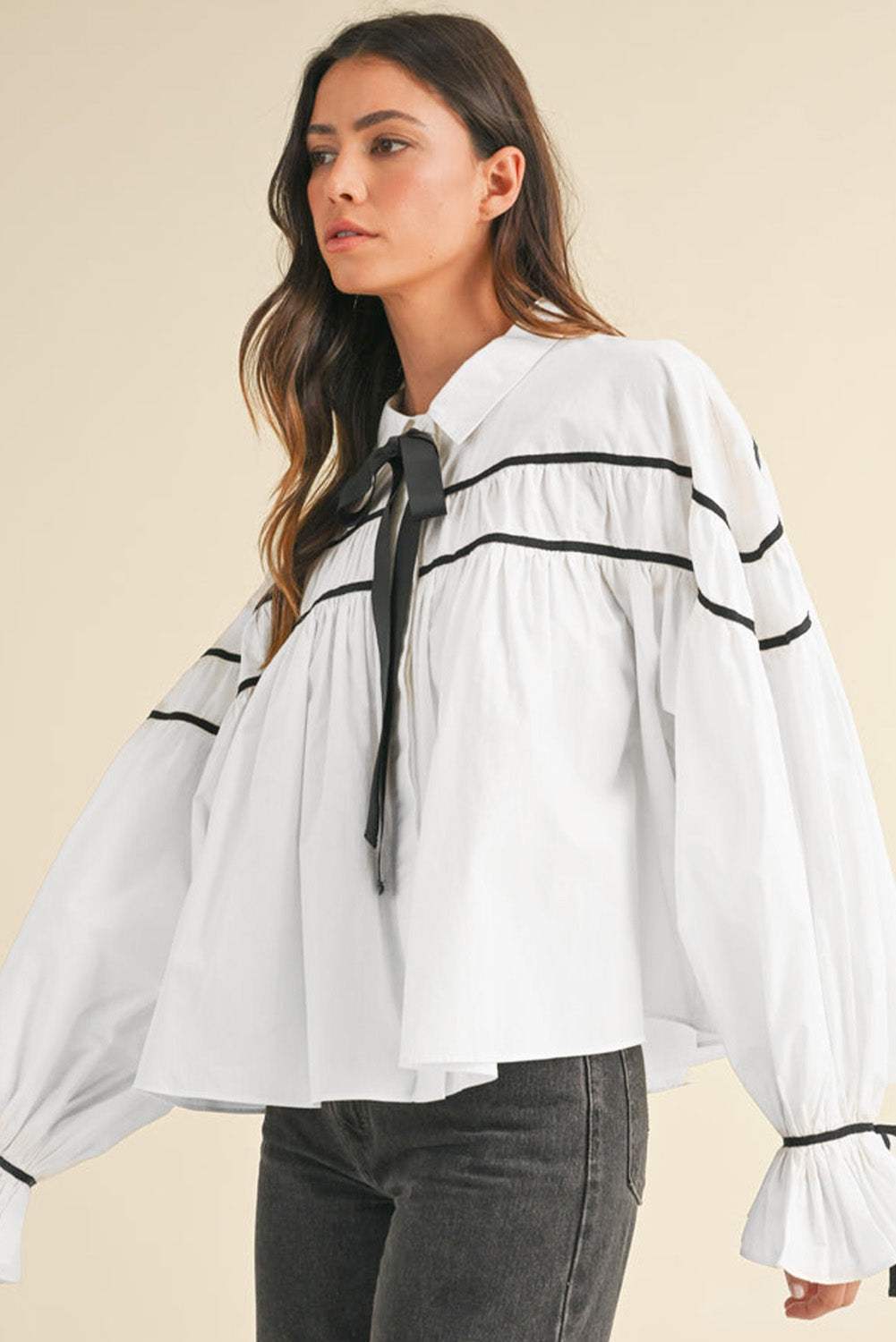 Ribbon Bowtie Collared Neck Flounce Sleeve Shirt - Trendsi - Flyclothing LLC