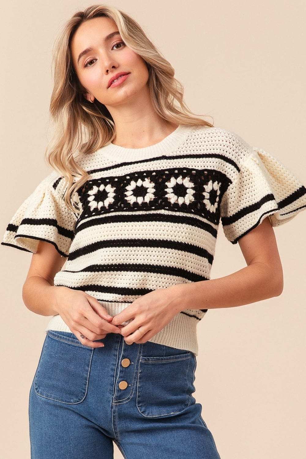 BiBi Granny Square Short Sleeve Striped Sweater - Trendsi - Flyclothing LLC