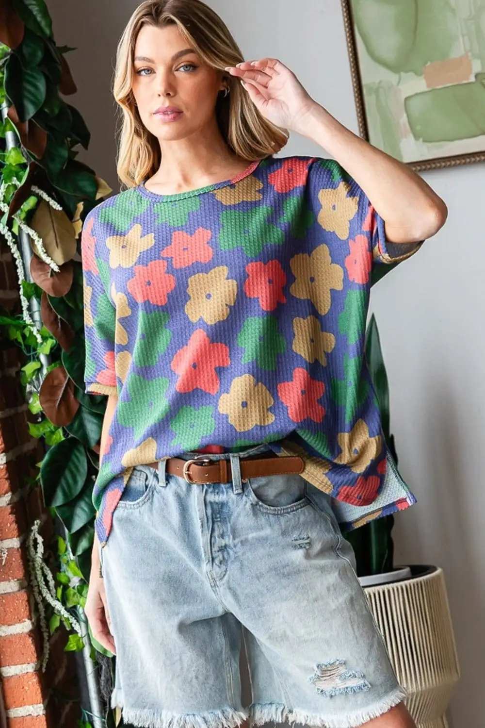 HOPELY Full Size Floral Round Neck Side Slit T-Shirt - Trendsi - Flyclothing LLC