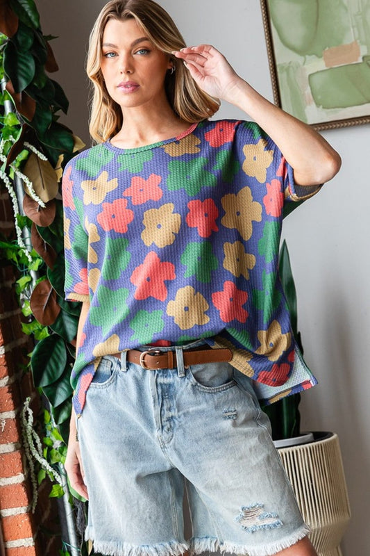 HOPELY Full Size Floral Round Neck Side Slit T-Shirt - Trendsi