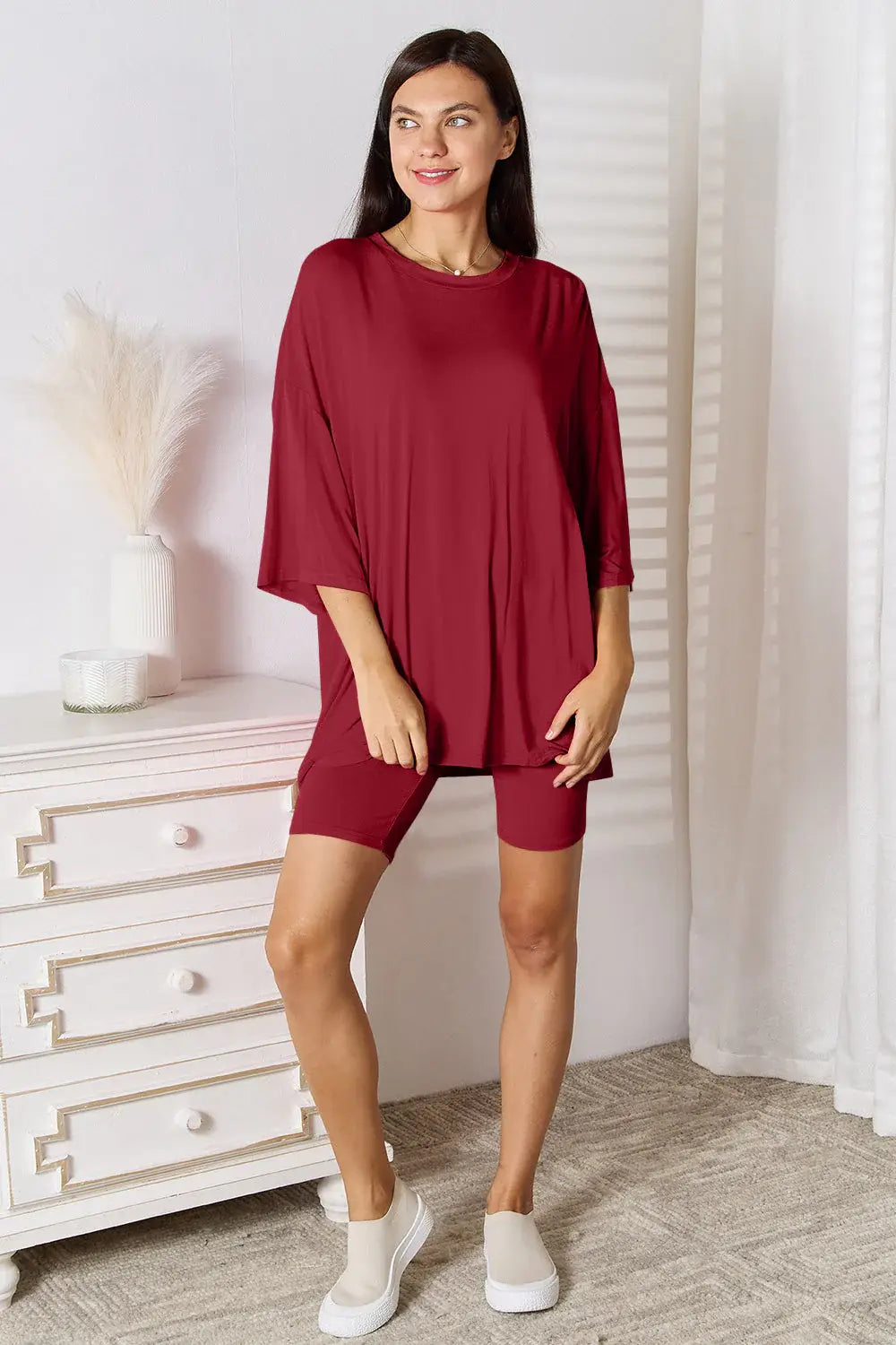 Basic Bae Full Size Soft Rayon Three-Quarter Sleeve Top and Shorts Set - ShopBasicbae - Flyclothing LLC