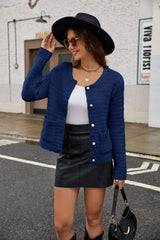 Round Neck Button Up Cardigan with Pockets - Trendsi - Flyclothing LLC