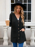 Ribbed Button Down V-Neck Long Sleeve Cardigan - Trendsi