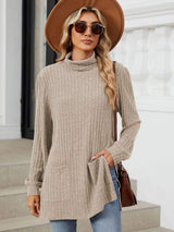 Slit Mock Neck Long Sleeve T-Shirt - Trendsi - Flyclothing LLC