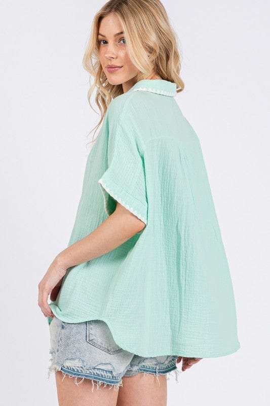 SAGE+FIG Boho Contrast Zigzag Trim Gauze Button-Up Shirt - Trendsi - Flyclothing LLC