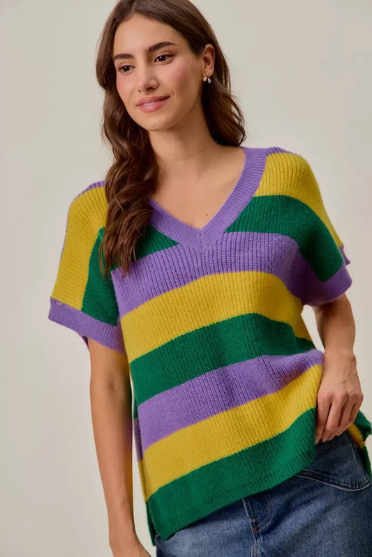 SO ME Mardi Gras Loose Fit V Neck Stripe Sweater Top - Trendsi - Flyclothing LLC
