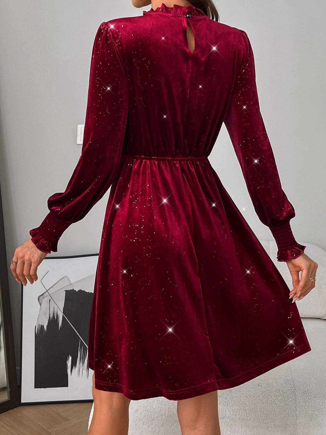Glitter Mock Neck Long Sleeve Mini Dress - Trendsi - Flyclothing LLC