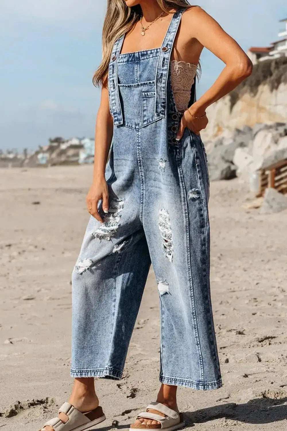 Distressed Bib Pocket Wide Leg Denim Overalls - Trendsi - Flyclothing LLC