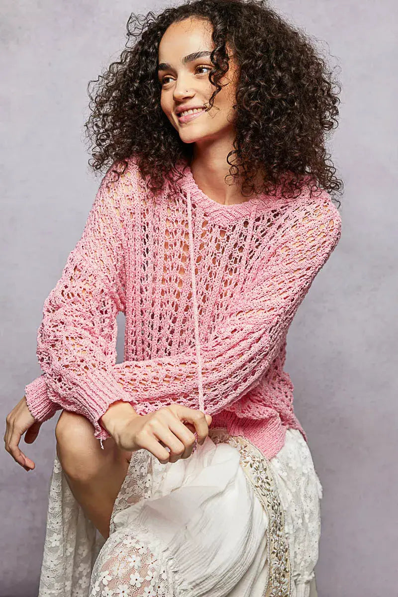 POL Openwork Round Neck High Low Knit Top - Trendsi - Flyclothing LLC