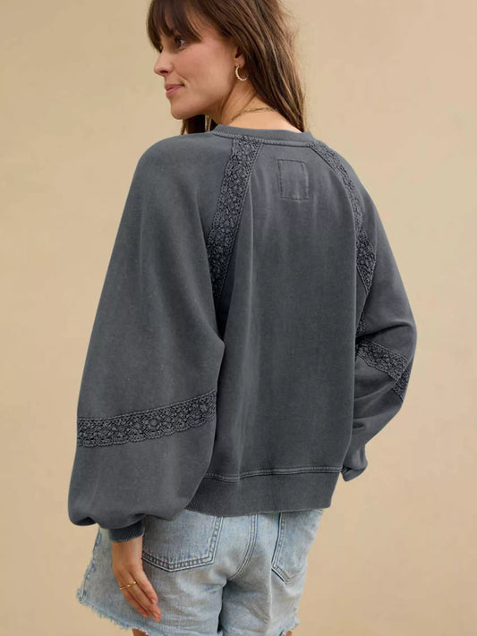Lace Patchwork Detail Notched Mineral Wash Sweatshirt - Trendsi - Flyclothing LLC
