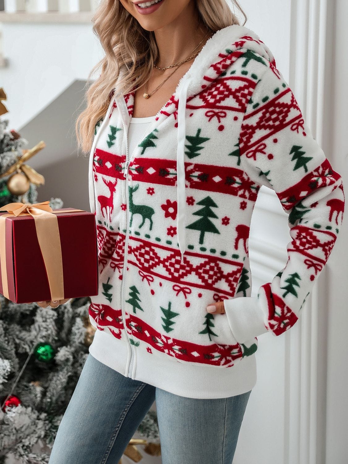 Drawstring Christmas Element Zip Up Hooded Jacket - Trendsi