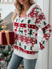 Drawstring Christmas Element Zip Up Hooded Jacket - Trendsi