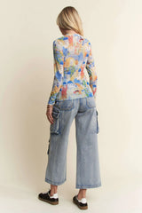 Davi & Dani Multi Printed Mesh Round Neck Long Sleeve Top - Trendsi - Flyclothing LLC