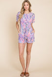 BOMBOM Print Short Sleeve Romper with Pockets - Trendsi