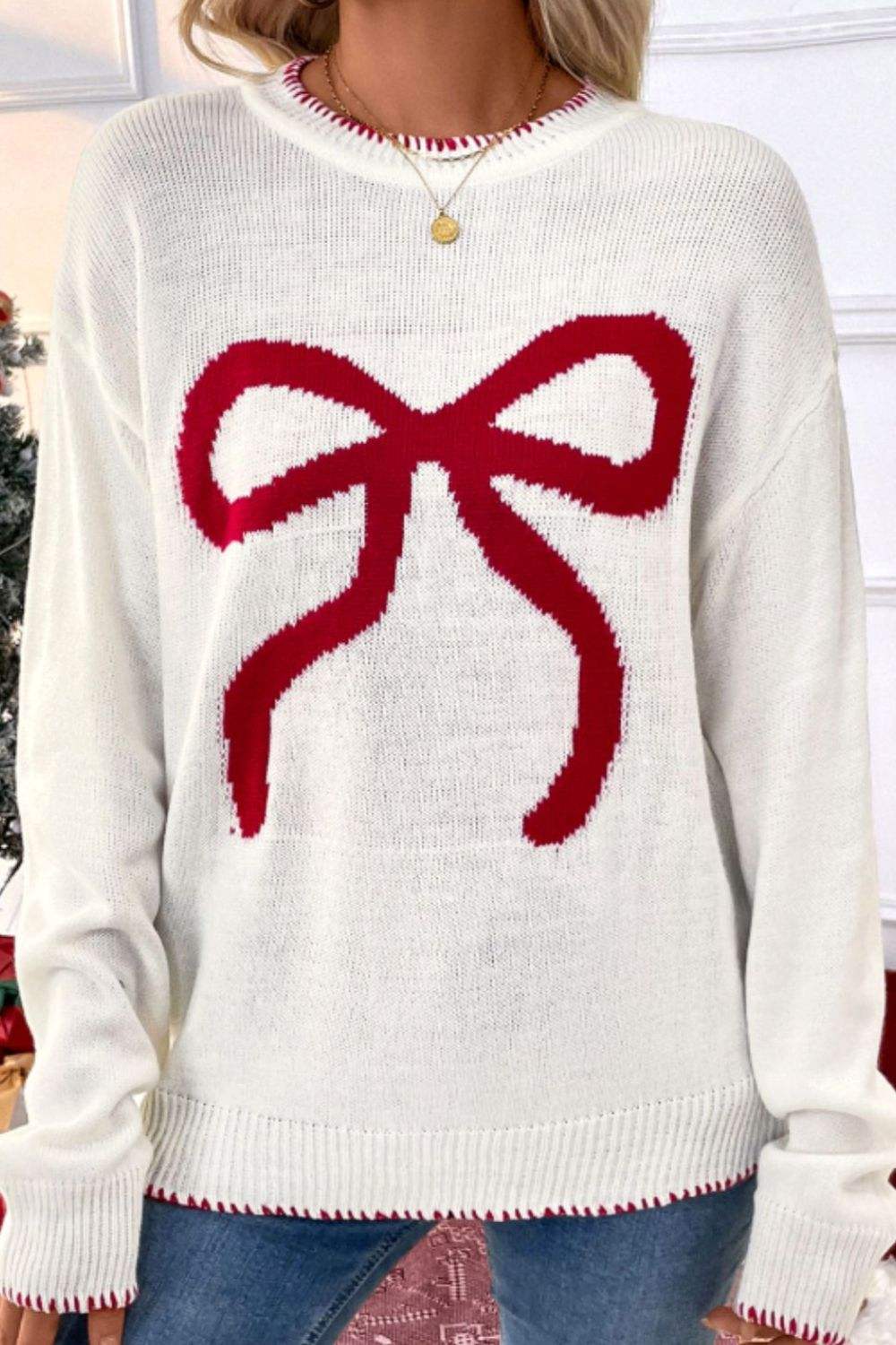 Bow Round Neck Drop Shoulder Sweater - Trendsi - Flyclothing LLC