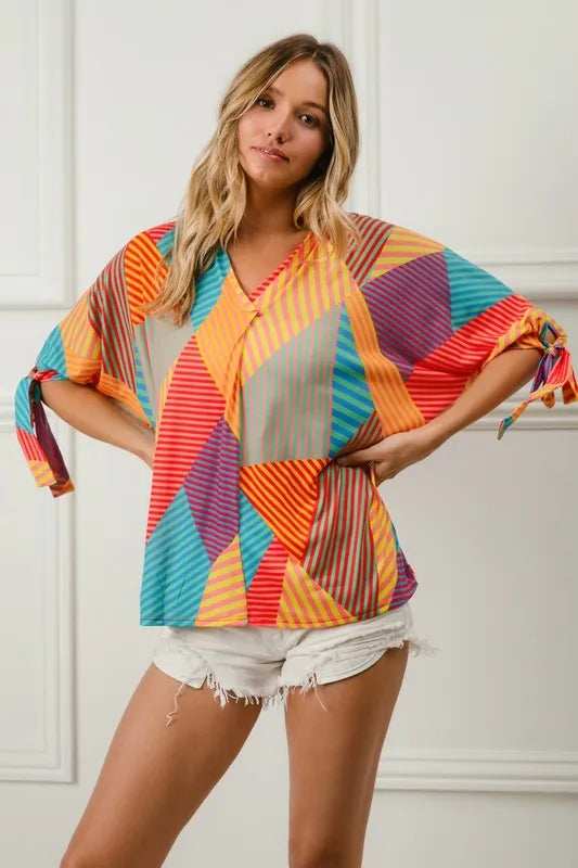 BiBi Multi Stripe Block Printed Jersey Blouse with Tied Sleeves - Trendsi - Flyclothing LLC