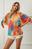 BiBi Multi Stripe Block Printed Jersey Blouse with Tied Sleeves - Trendsi - Flyclothing LLC