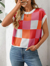 Mandy Checkered Round Neck Cap Sleeve Knit Top - Trendsi - Flyclothing LLC