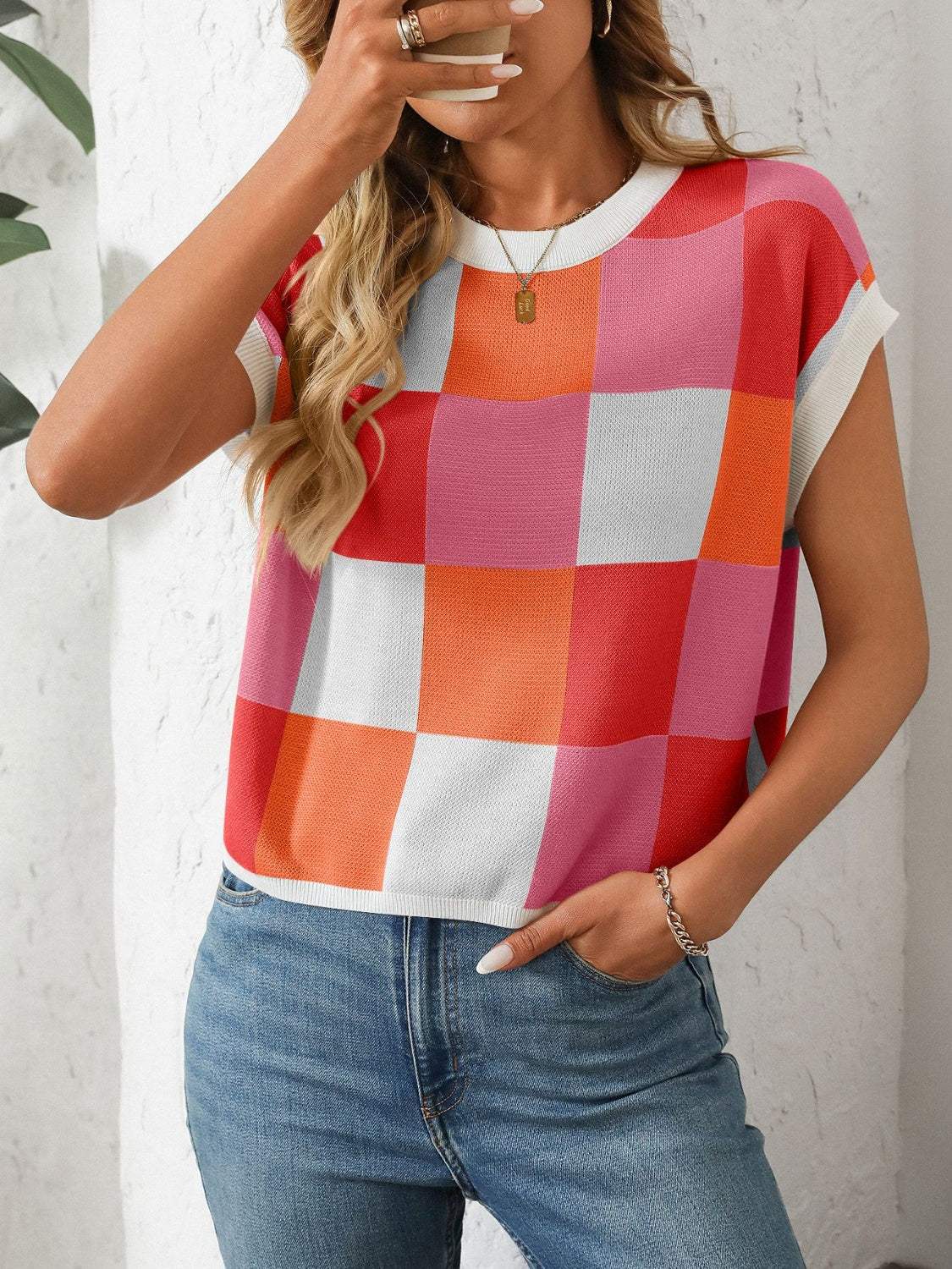 Mandy Checkered Round Neck Cap Sleeve Knit Top - Trendsi - Flyclothing LLC