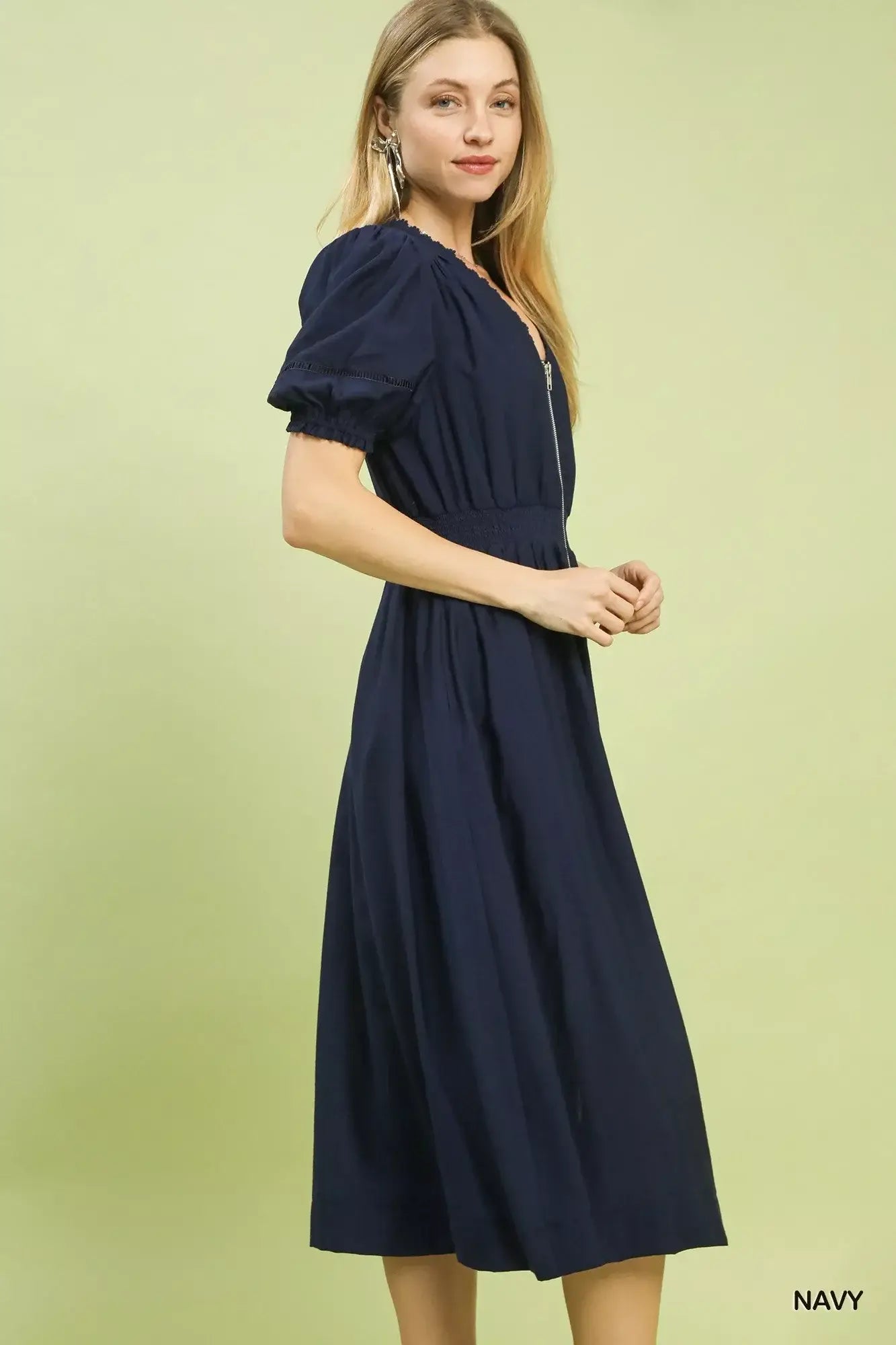 Umgee Zip-Front Smocked Waist Midi Dress - Trendsi - Flyclothing LLC