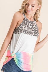 BiBi Leopard and Tie Dye Block Halter Neck Top - Trendsi - Flyclothing LLC