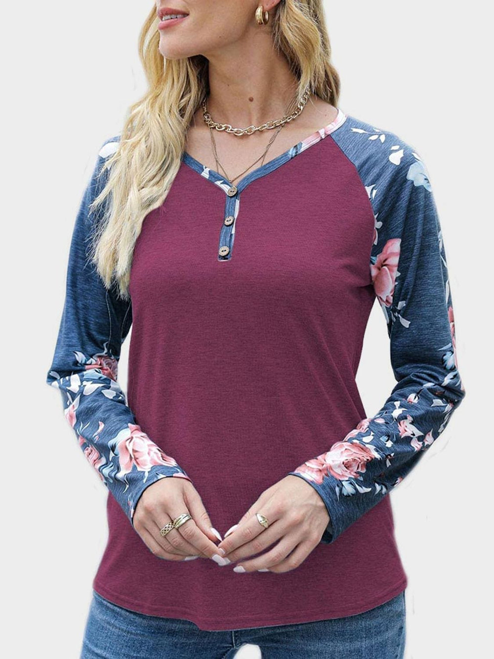 V-Neck Floral Long Sleeve T-Shirt - Trendsi