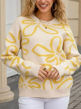 Flower Crew Neck Long Sleeve Sweater - Trendsi - Flyclothing LLC