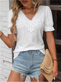 Eyelet Lace Detail V-Neck Flounce Sleeve Blouse - Trendsi