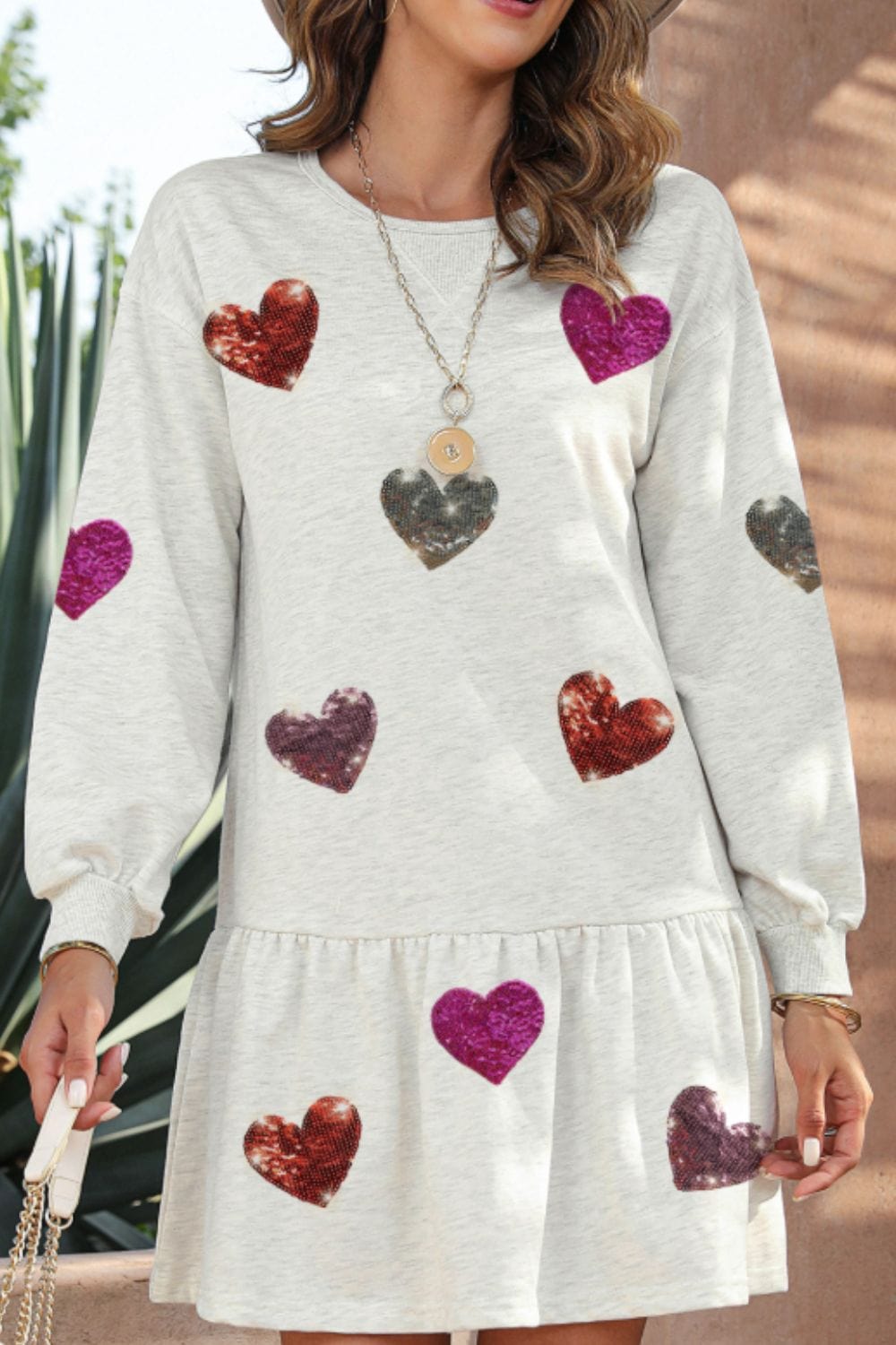 Sequin Heart Round Neck Long Sleeve Mini Dress - Trendsi