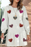 Sequin Heart Round Neck Long Sleeve Mini Dress - Trendsi
