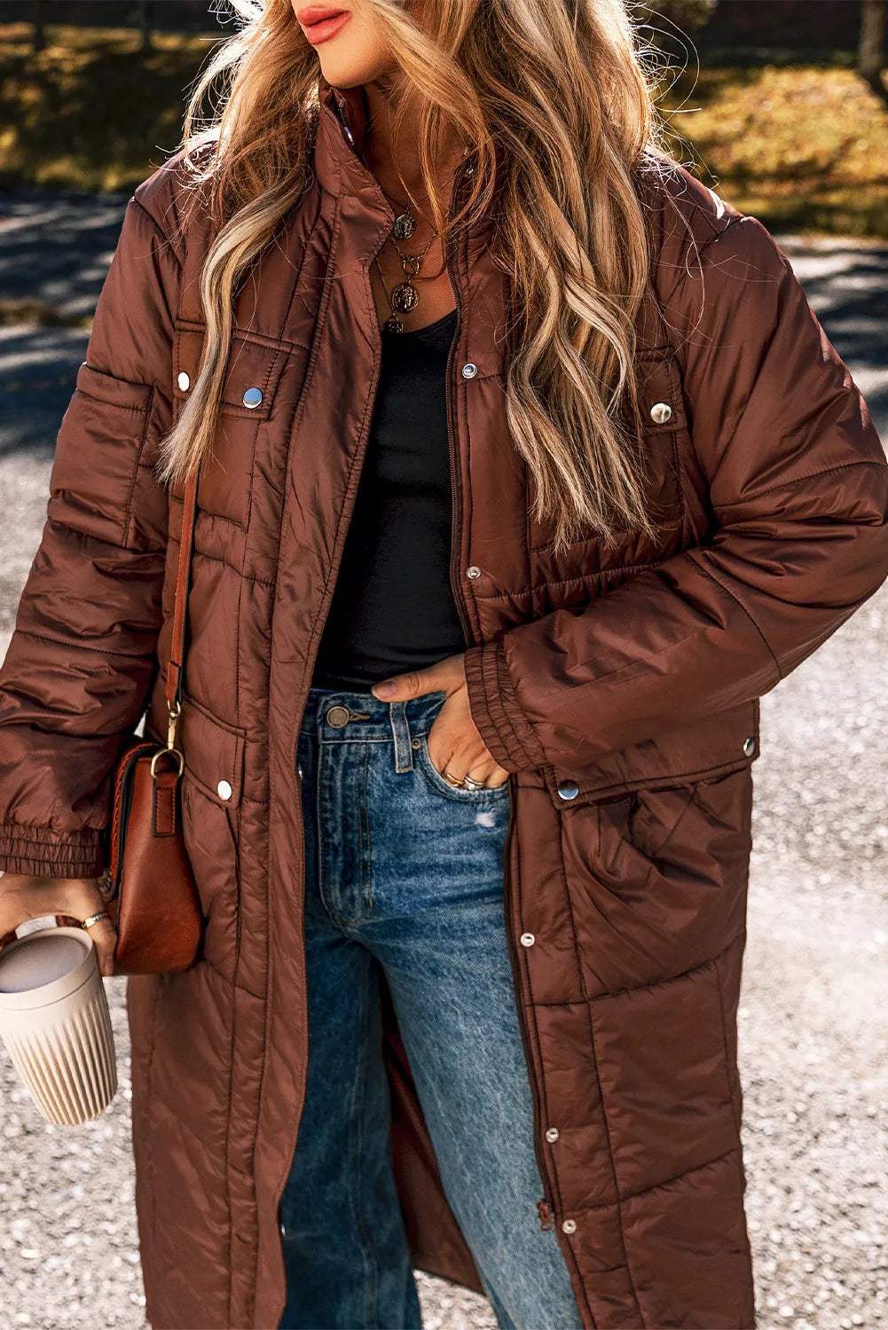 Pocketed Bubble Texture Long Sleeve Longline Winter Coat - Trendsi - Flyclothing LLC